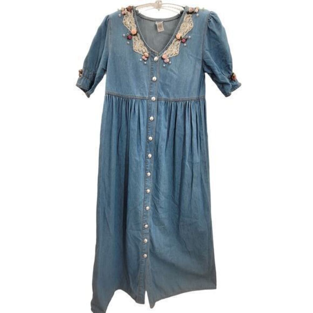 Vintage Bingo Bingo‎ Denim Lace Ribbon Rose Pearl Button Down Short Sleeve Dress